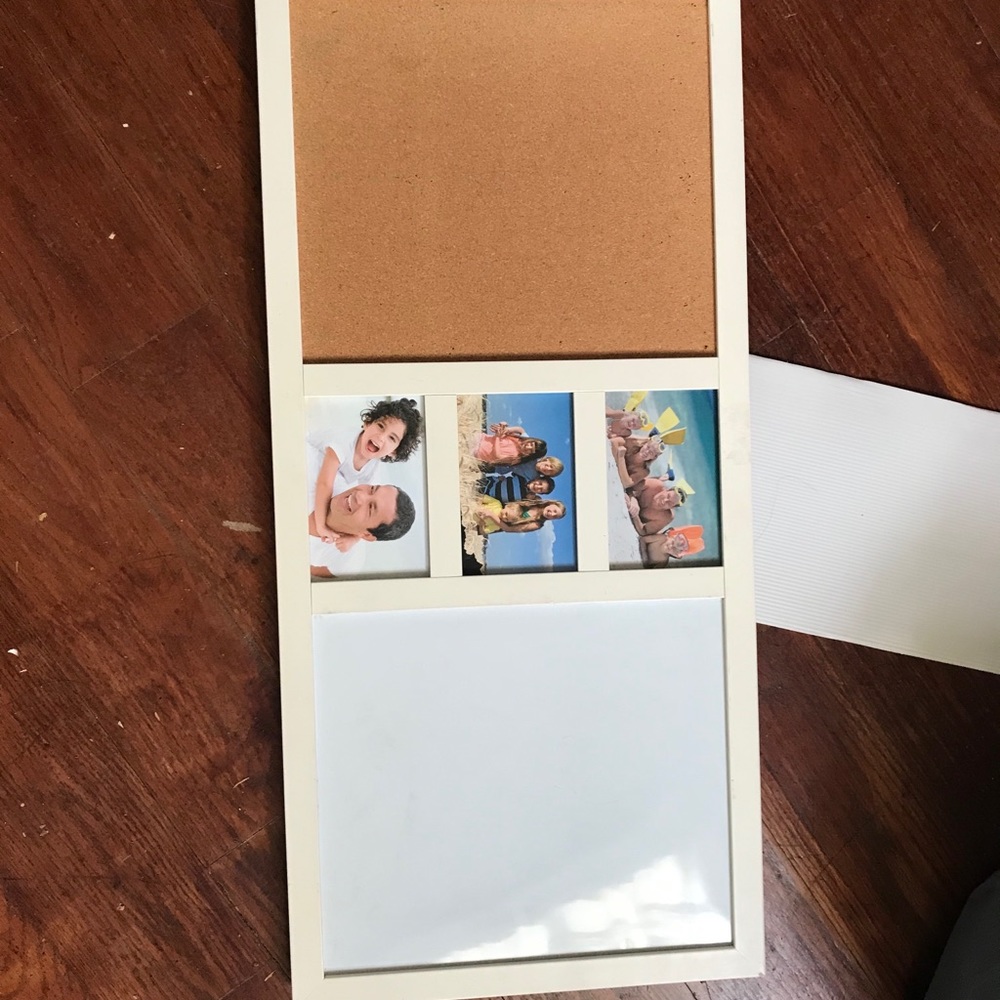 Whiteboard, photo frames, pin board